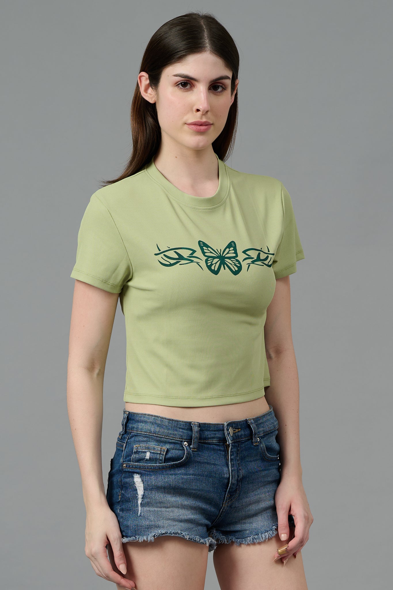 Butterfly Printed Green Crop top for Women