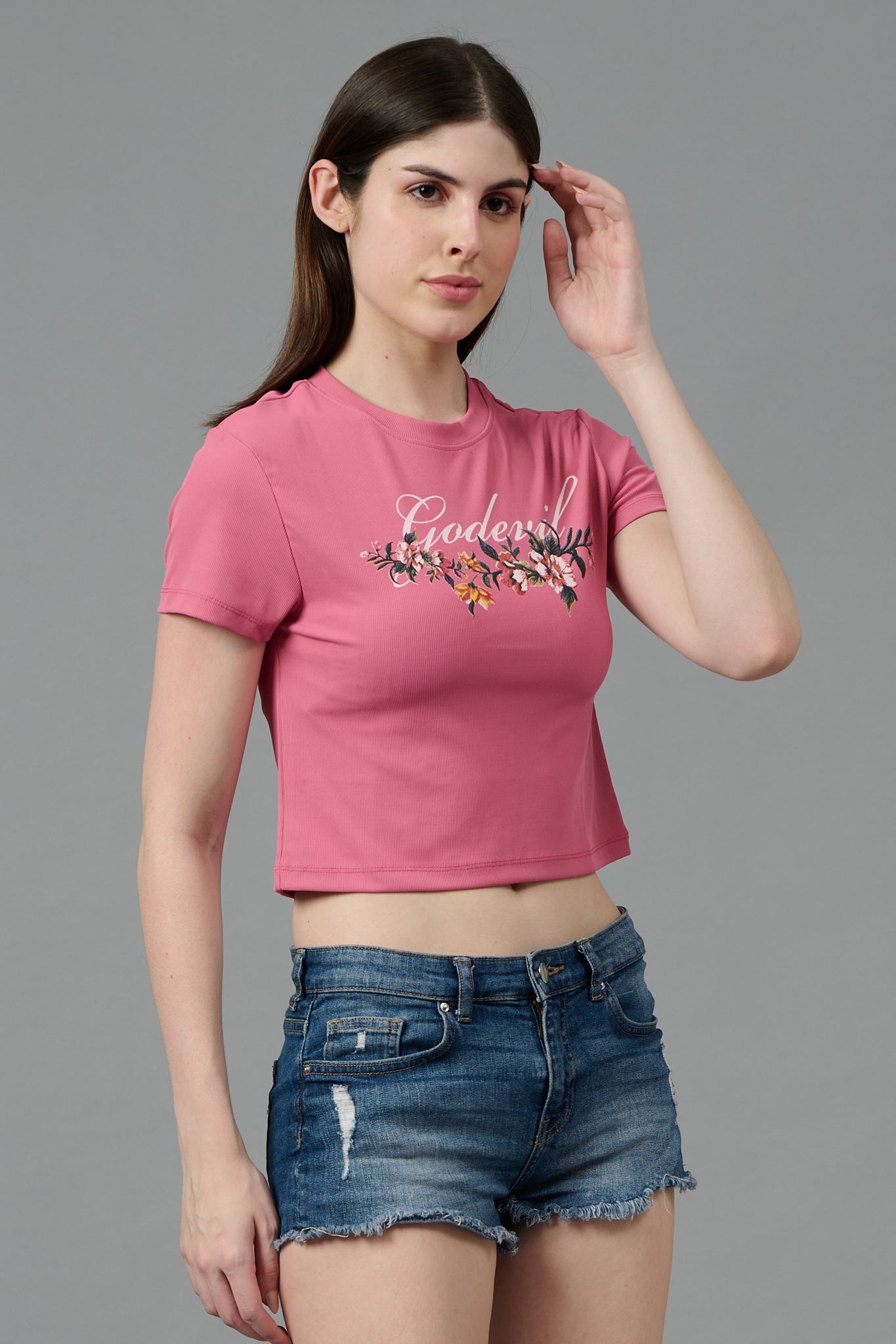 Go Devil with Flower Printed Pink Crop top for Women