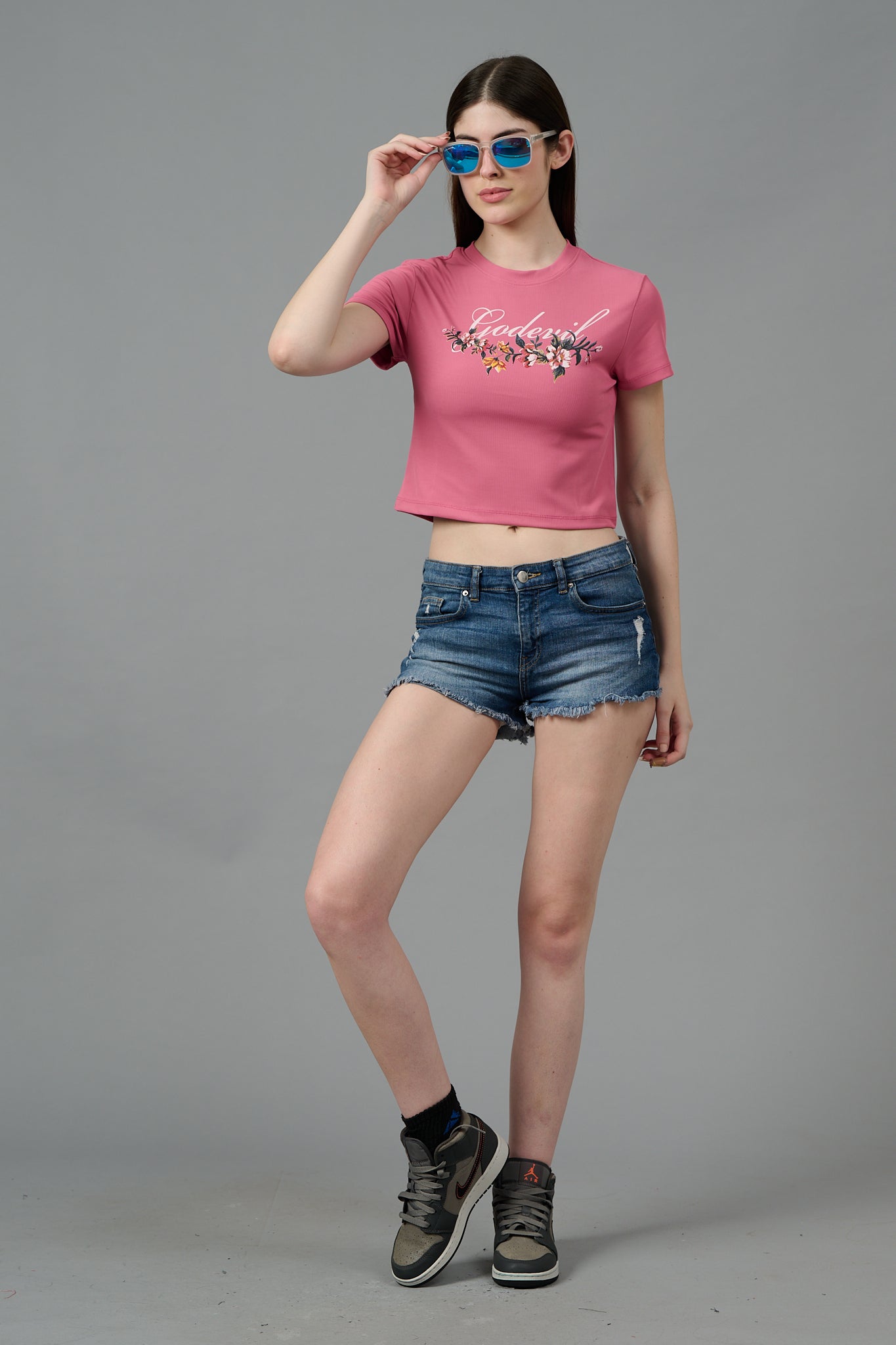 Go Devil with Flower Printed Pink Crop top for Women