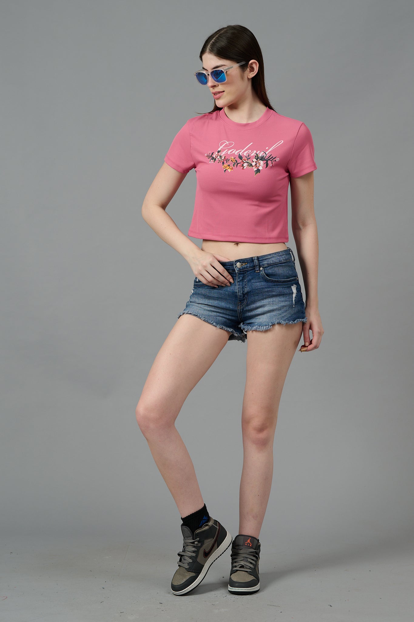 Go Devil with Flower Printed Pink Crop top for Women