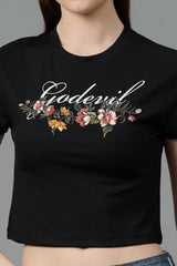 Go Devil with Flower Printed Black Crop top for Women