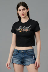 Go Devil with Flower Printed Black Crop top for Women