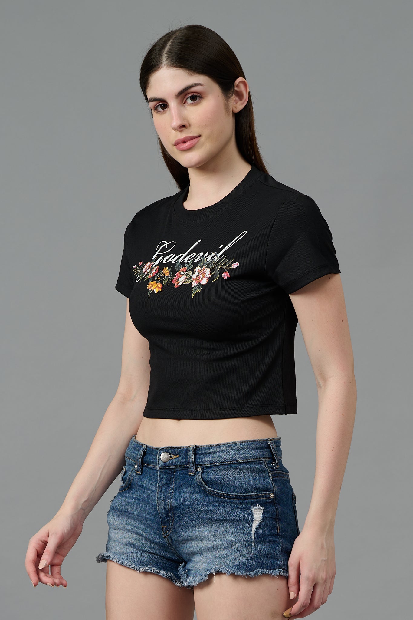 Go Devil with Flower Printed Black Crop top for Women