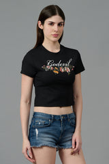 Go Devil with Flower Printed Black Crop top for Women