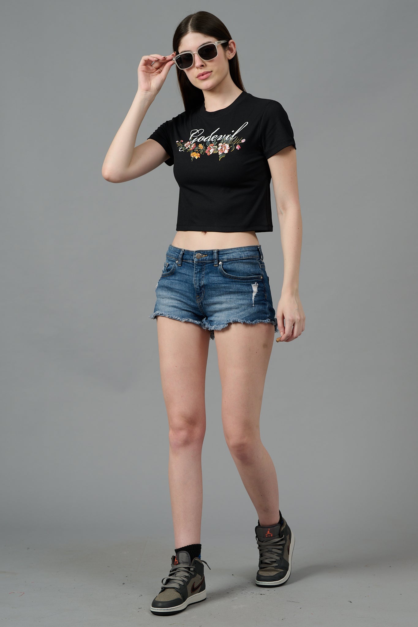 Go Devil with Flower Printed Black Crop top for Women