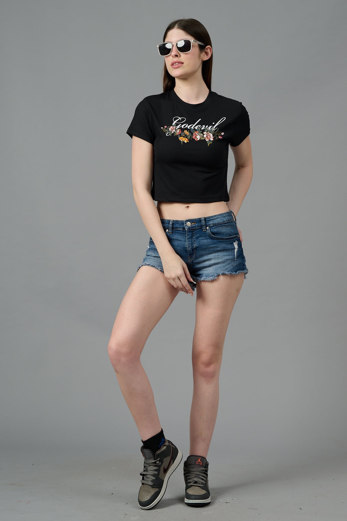 Go Devil with Flower Printed Black Crop top for Women