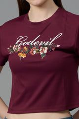 Go Devil with Flower Printed Maroon Crop top for Women