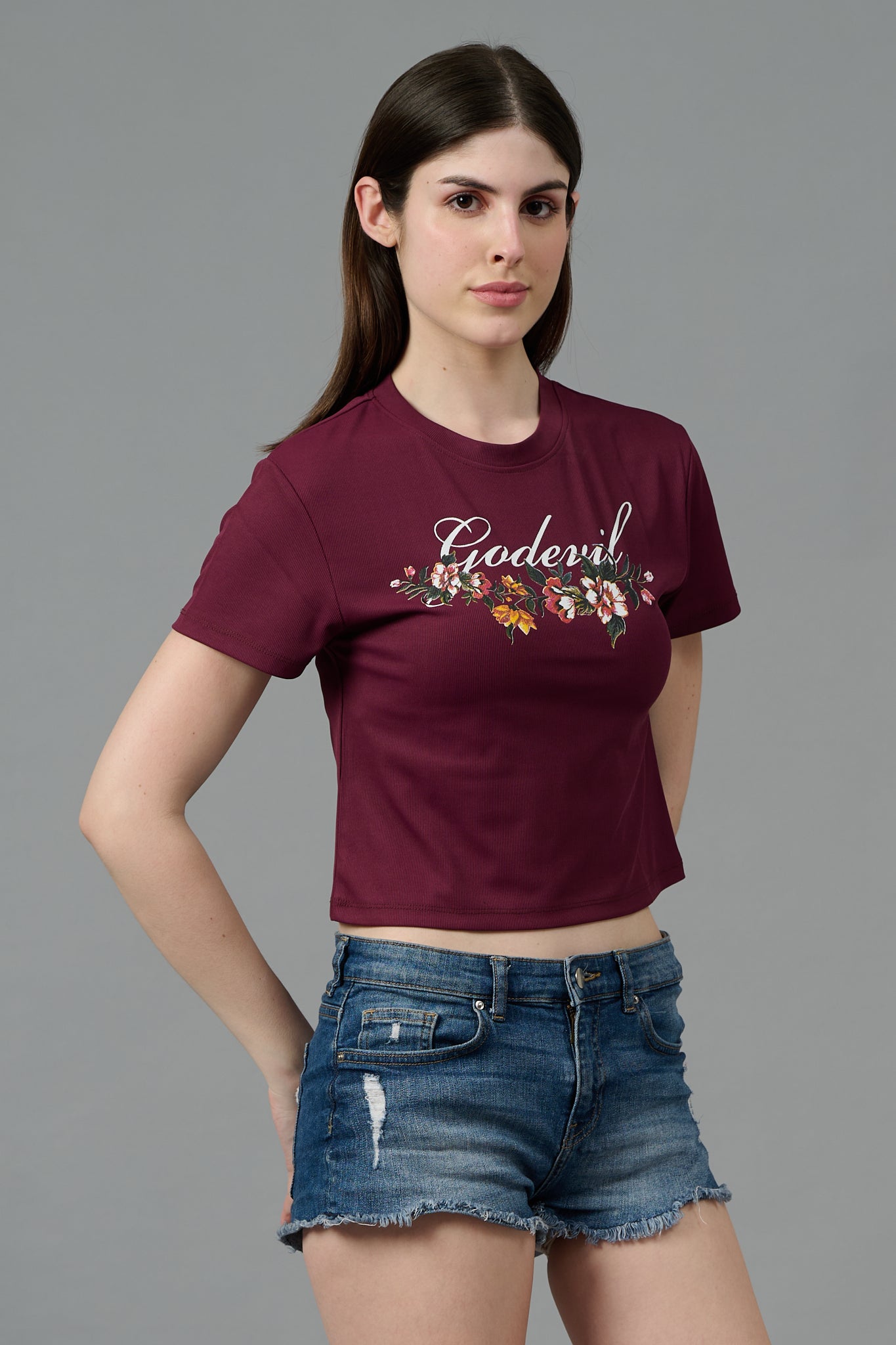 Go Devil with Flower Printed Maroon Crop top for Women