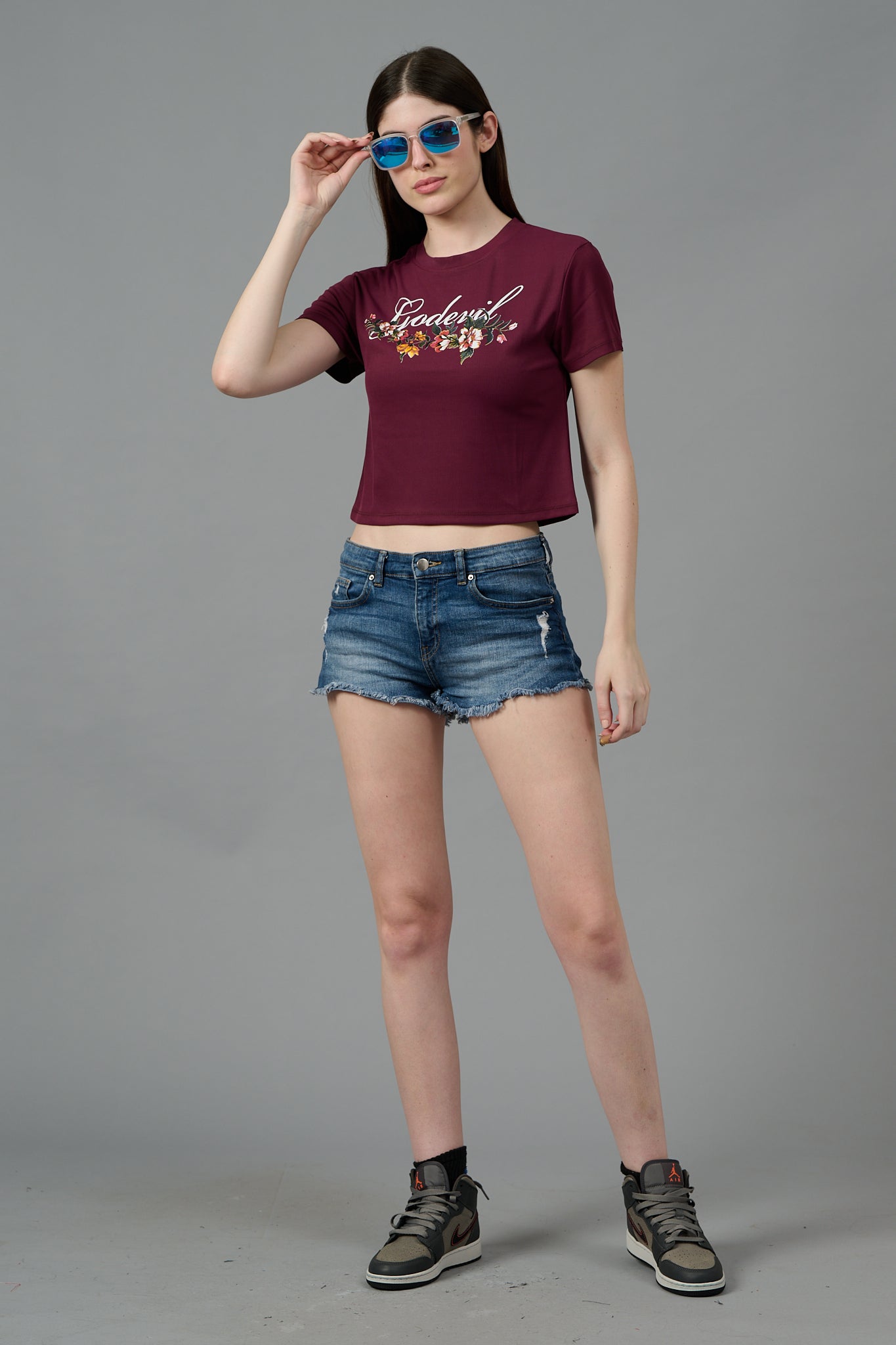 Go Devil with Flower Printed Maroon Crop top for Women