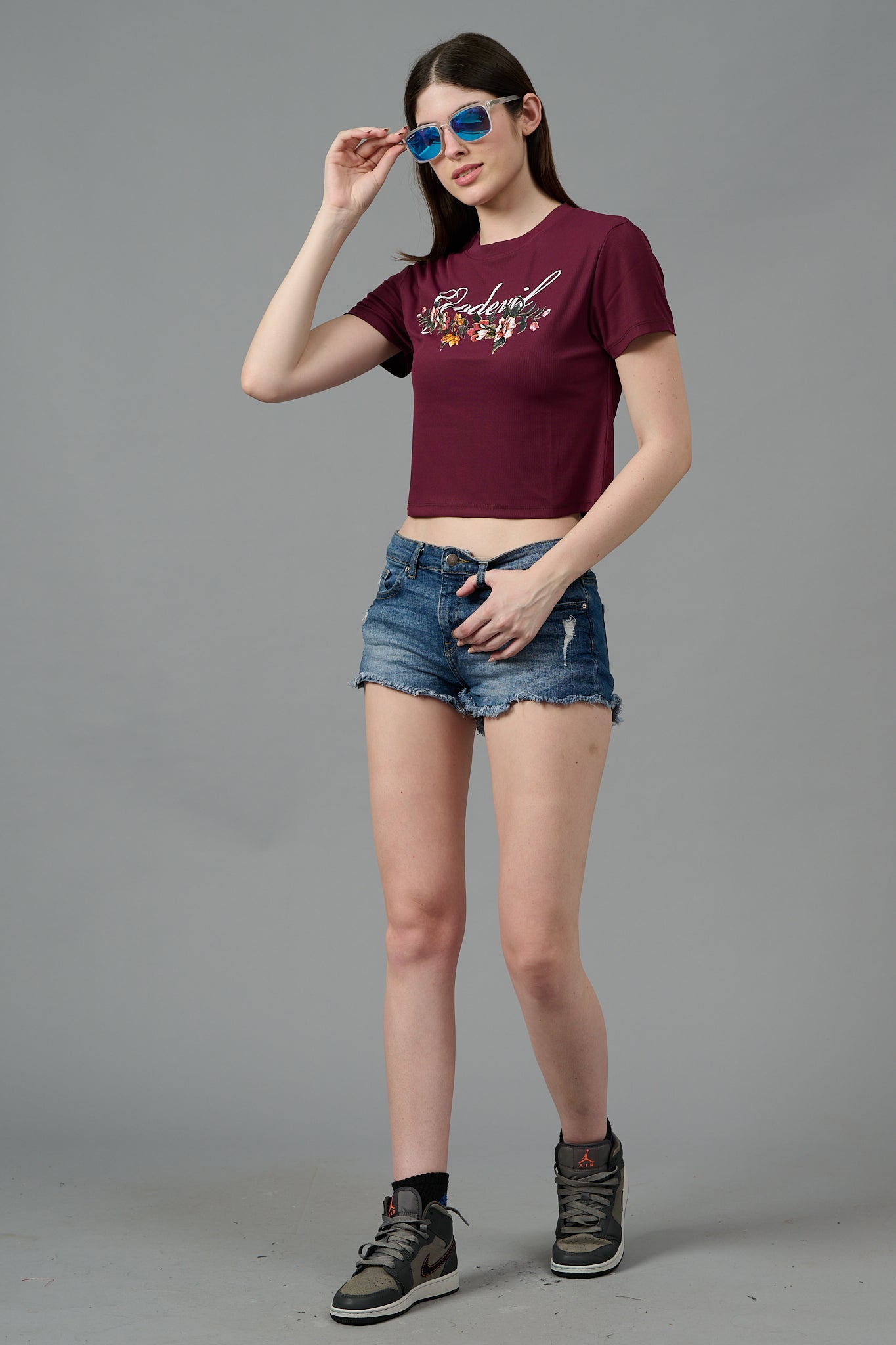 Go Devil with Flower Printed Maroon Crop top for Women