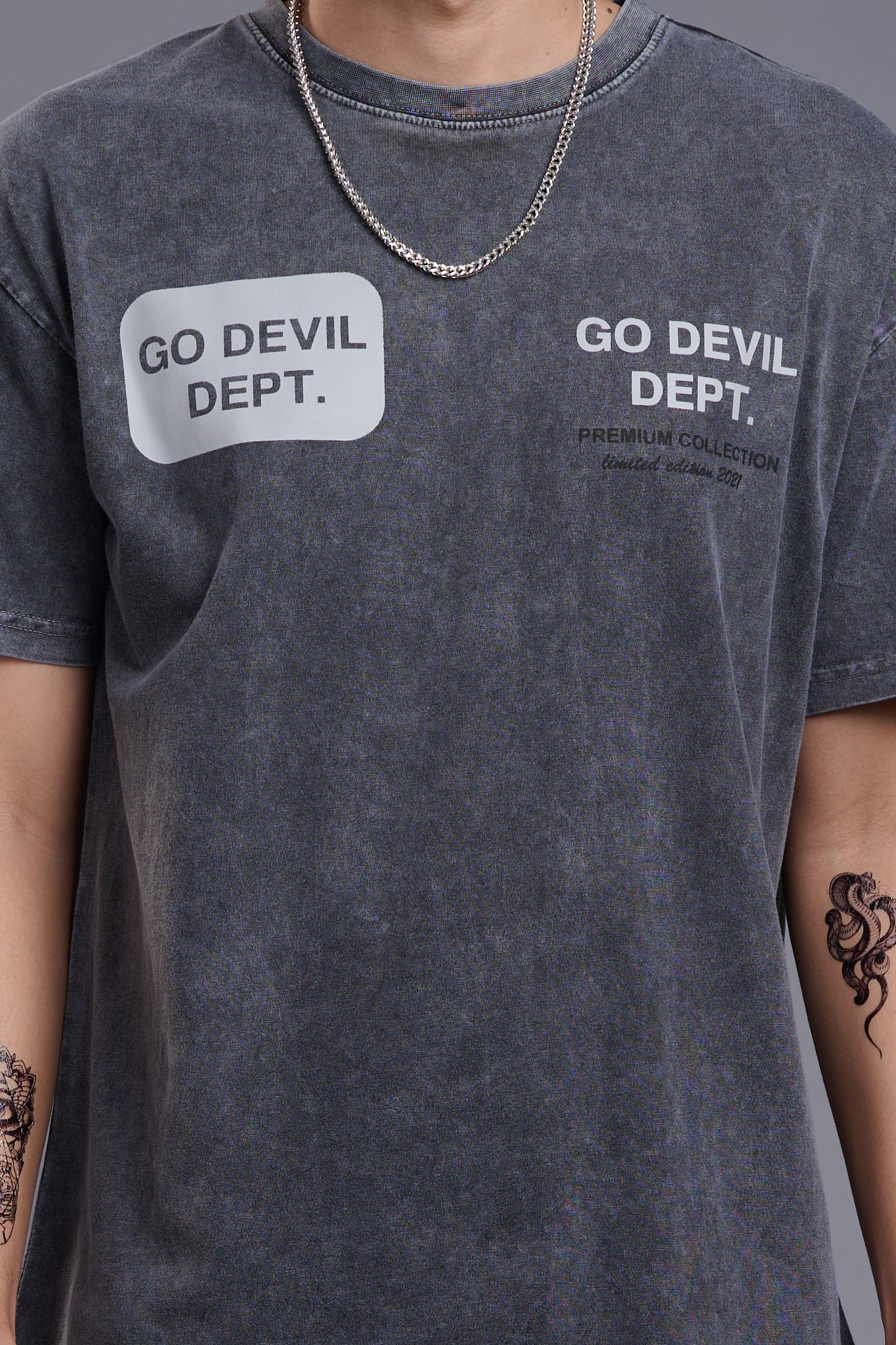 Go Devil Dept (In White) Printed Grey Oversized T-Shirt for Men