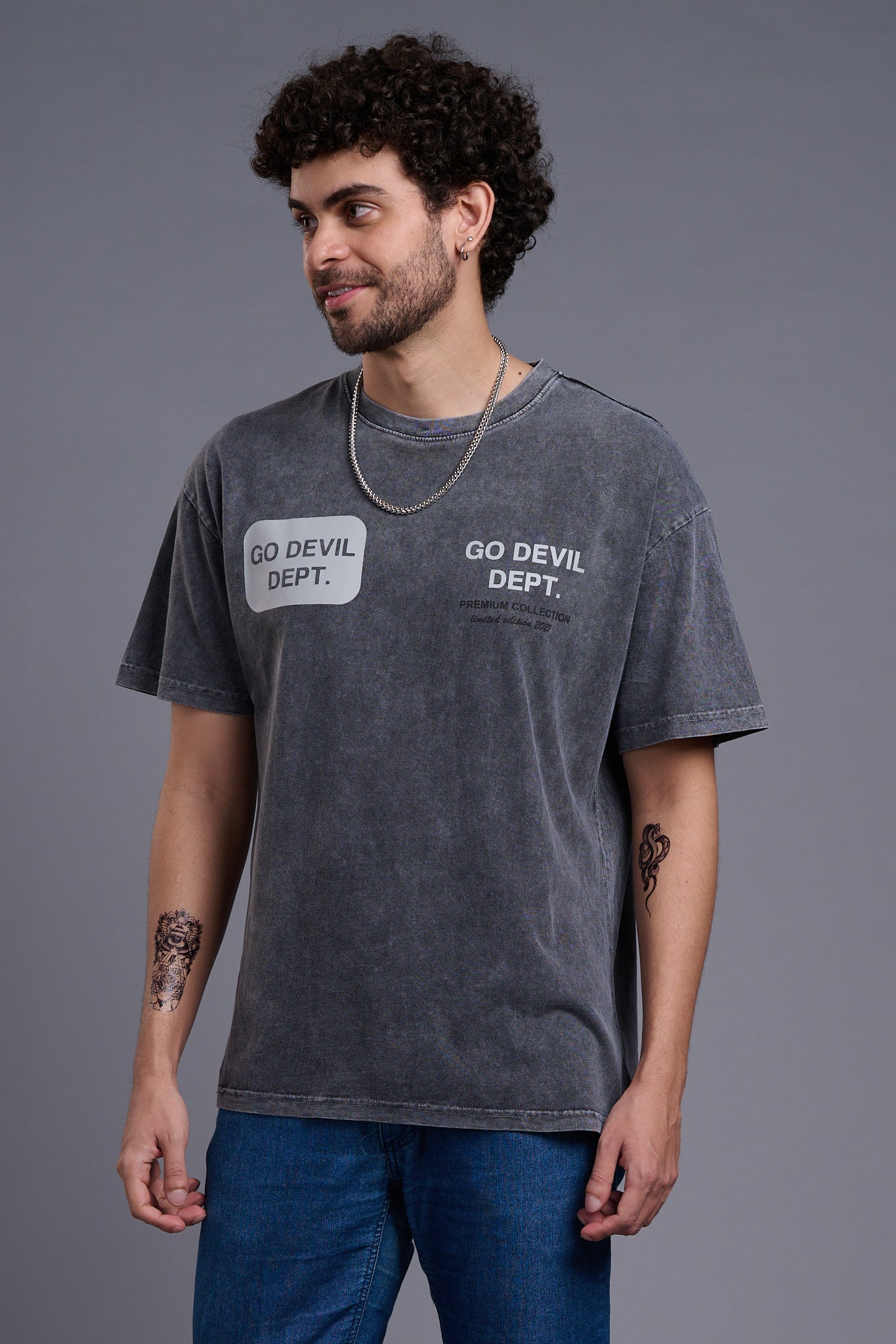 Go Devil Dept (In White) Printed Grey Oversized T-Shirt for Men