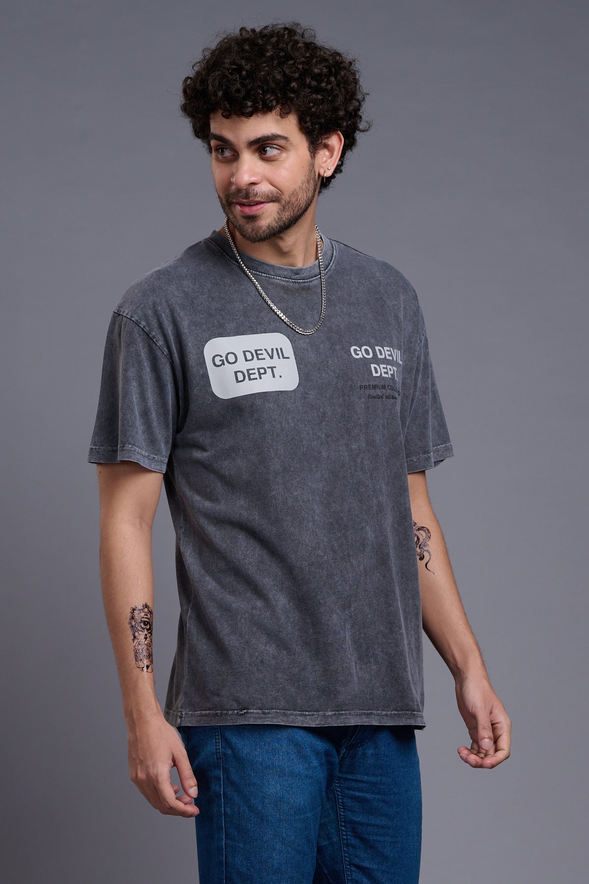 Go Devil Dept (In White) Printed Grey Oversized T-Shirt for Men