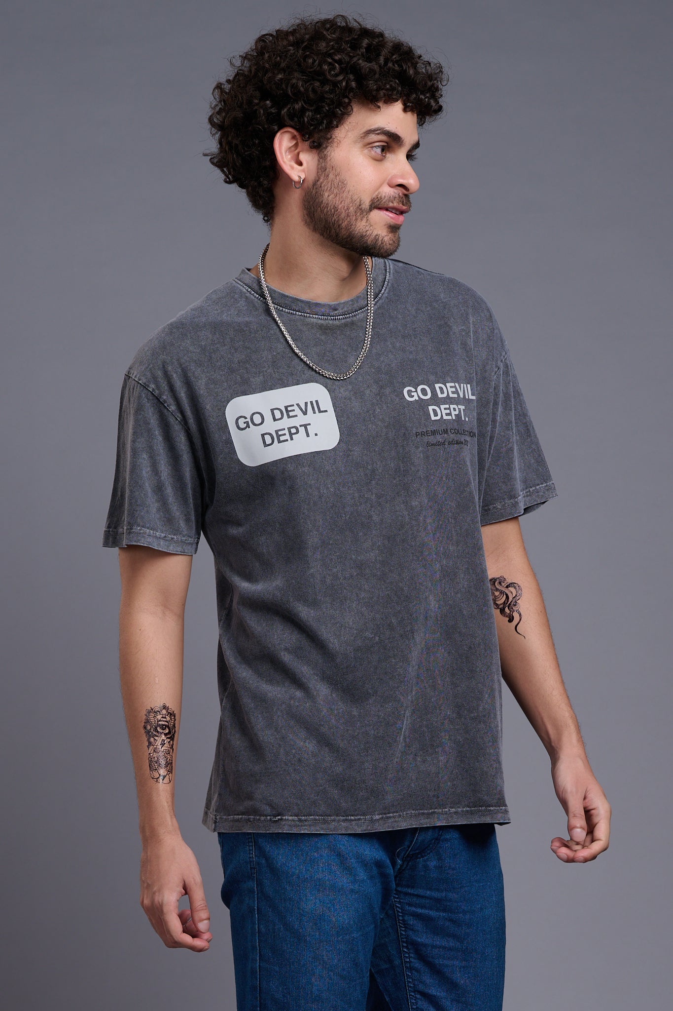 Go Devil Dept (In White) Printed Grey Oversized T-Shirt for Men