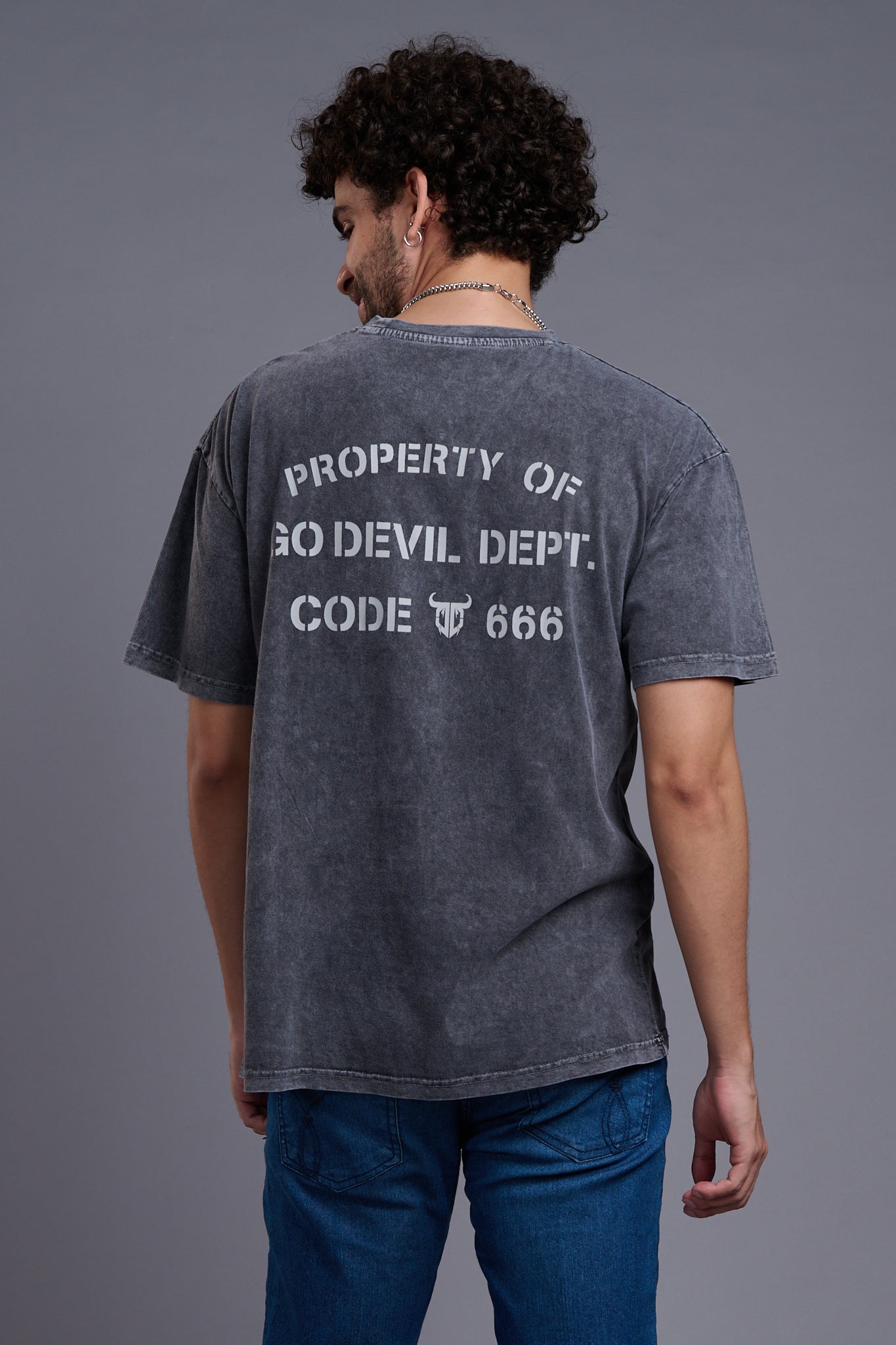 Go Devil Dept (In White) Printed Grey Oversized T-Shirt for Men