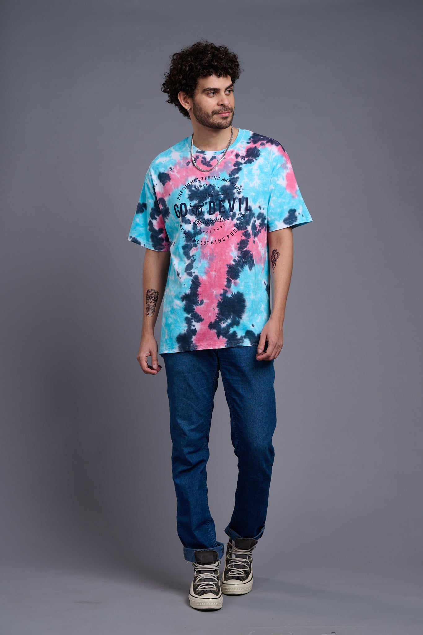 Go Devil Stamp Printed Tie Dye Oversized T-Shirt for Men