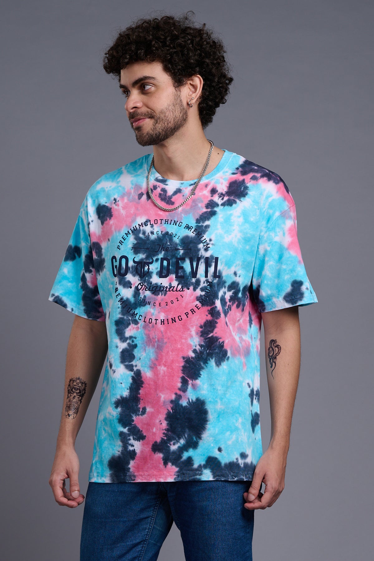 Go Devil Stamp Printed Tie Dye Oversized T-Shirt for Men