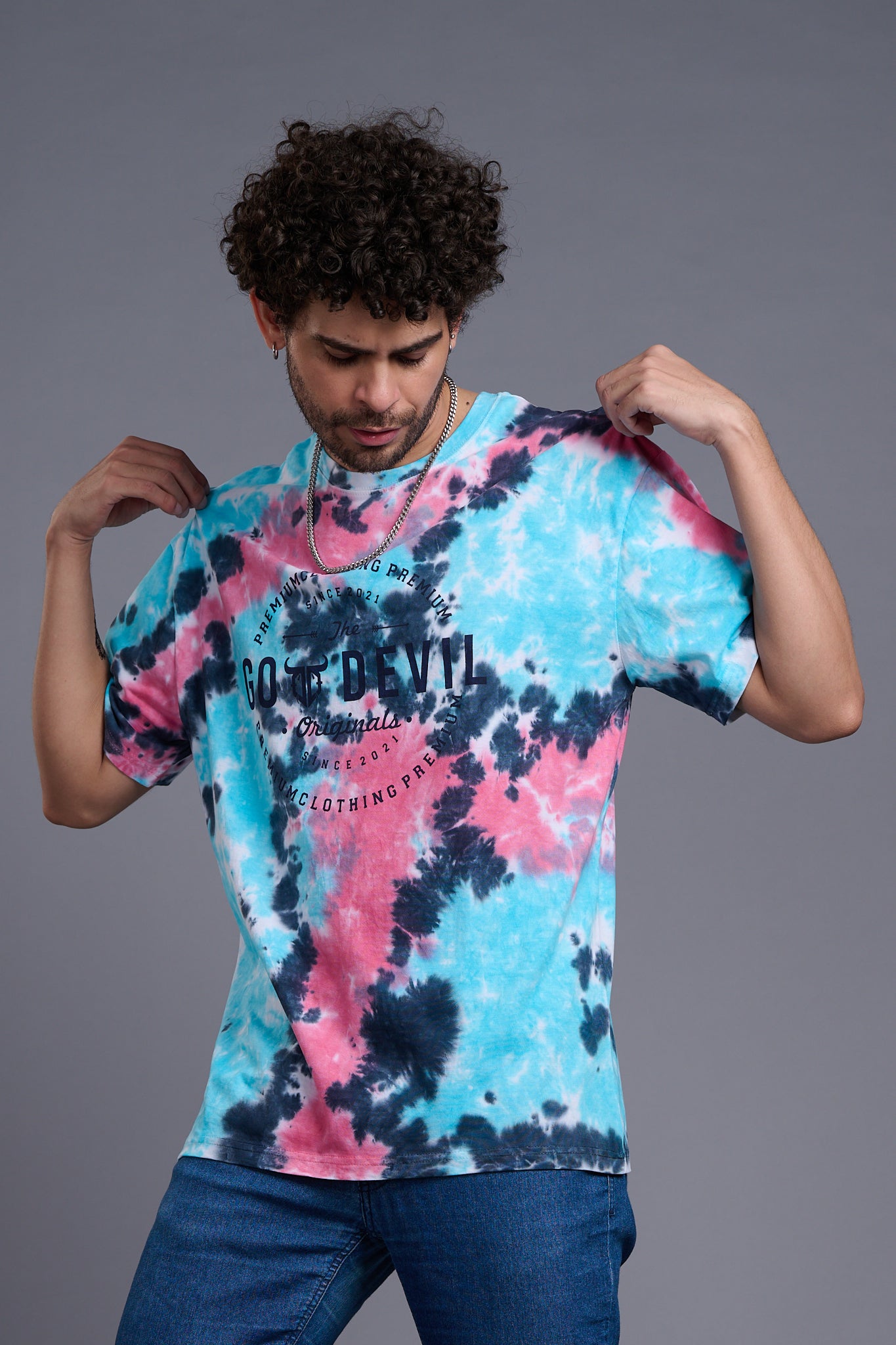 Go Devil Stamp Printed Tie Dye Oversized T-Shirt for Men