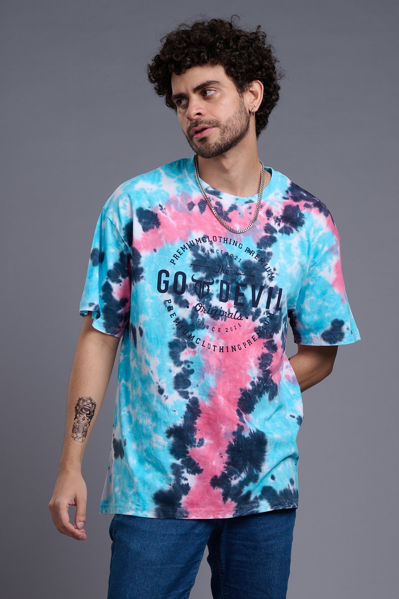 Go Devil Stamp Printed Tie Dye Oversized T-Shirt for Men