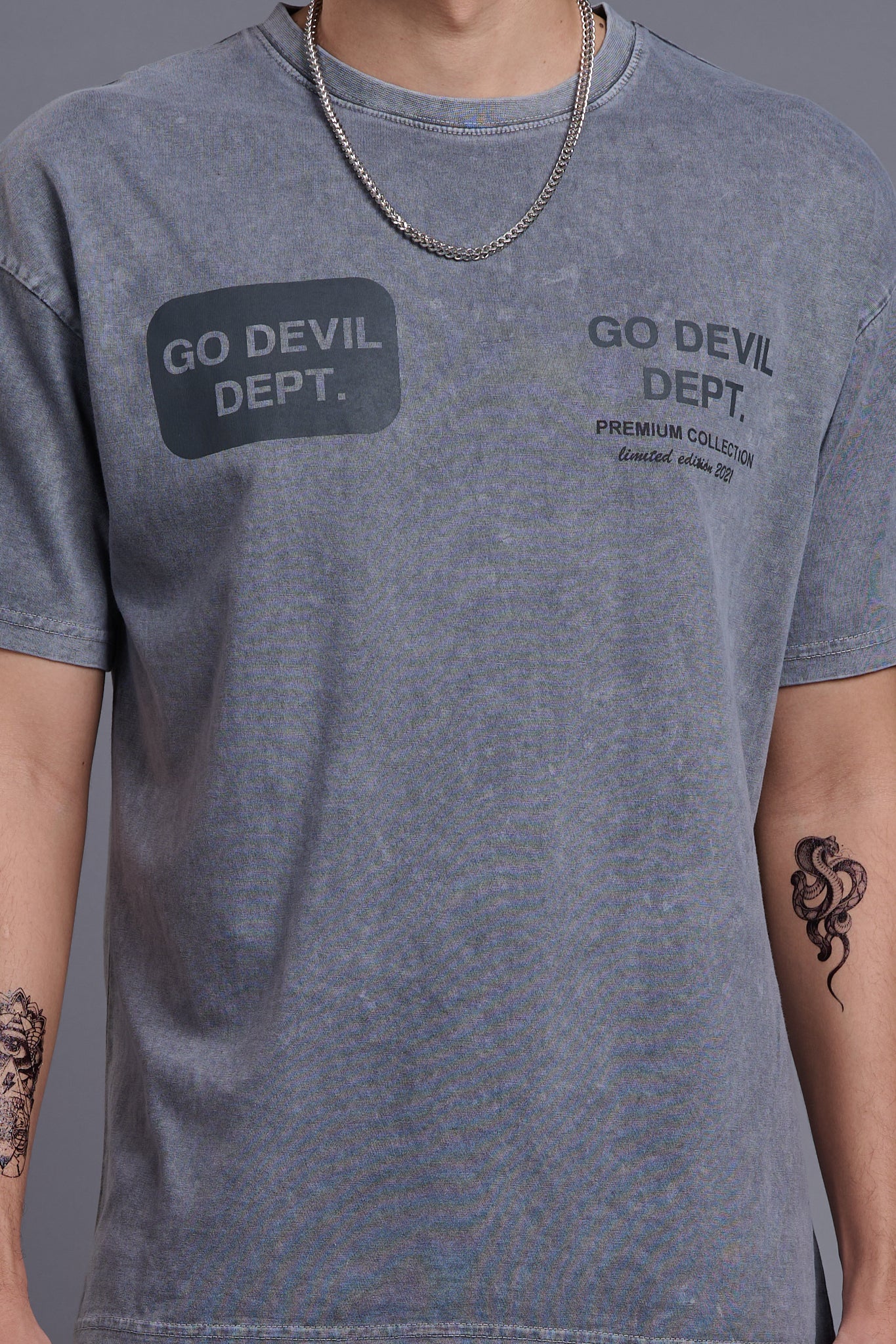 Go Devil Dept (In Black) Printed Grey Oversized T-Shirt for Men