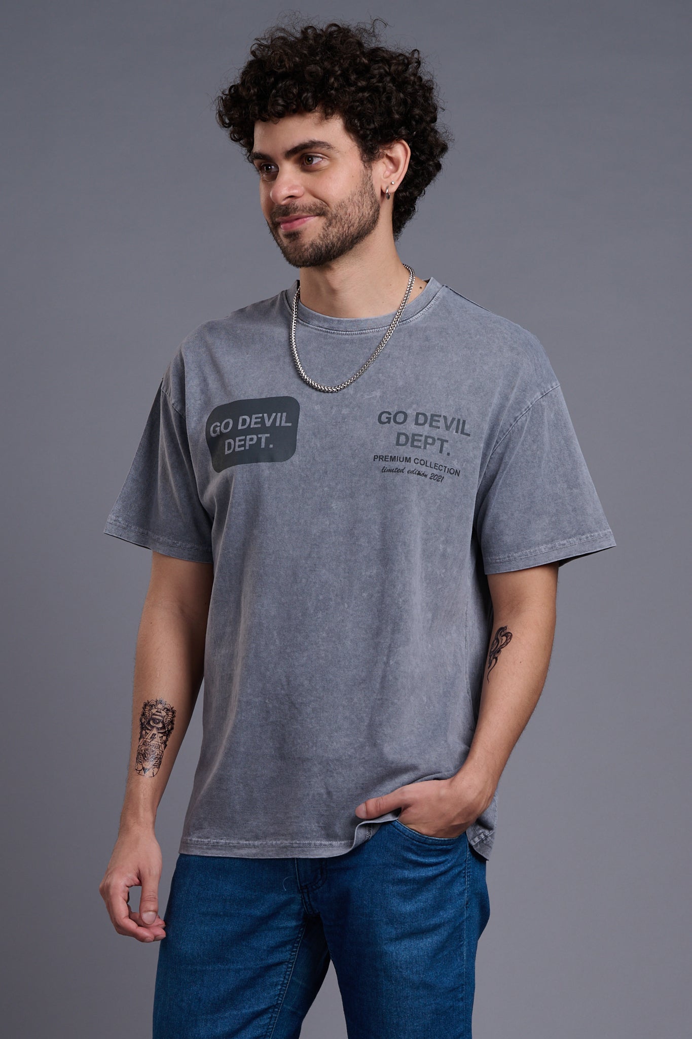 Go Devil Dept (In Black) Printed Grey Oversized T-Shirt for Men