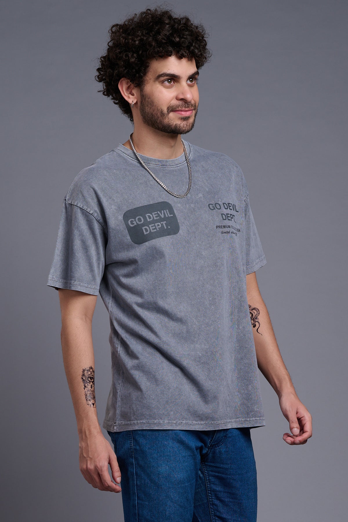 Go Devil Dept (In Black) Printed Grey Oversized T-Shirt for Men