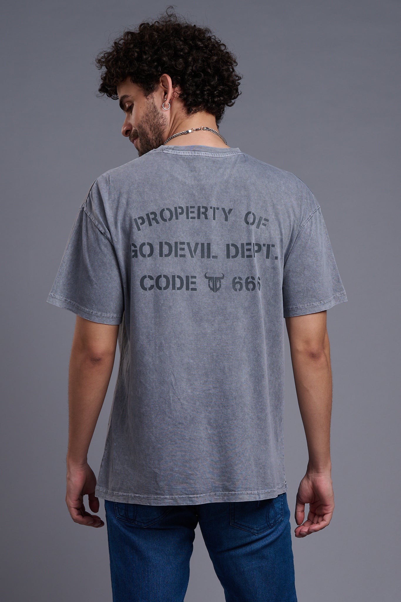 Go Devil Dept (In Black) Printed Grey Oversized T-Shirt for Men