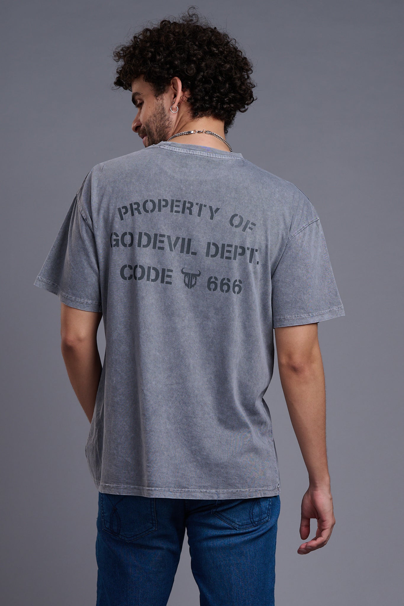 Go Devil Dept (In Black) Printed Grey Oversized T-Shirt for Men