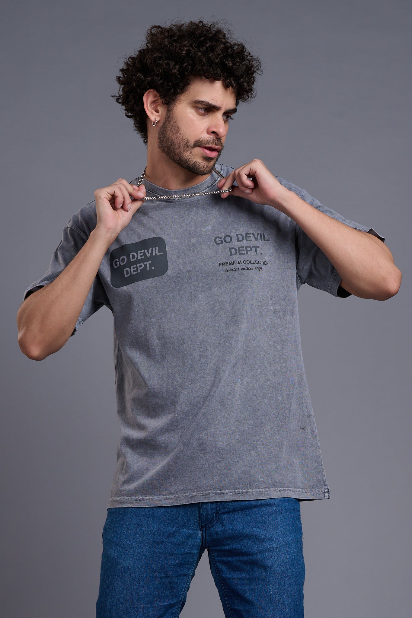 Go Devil Dept (In Black) Printed Grey Oversized T-Shirt for Men