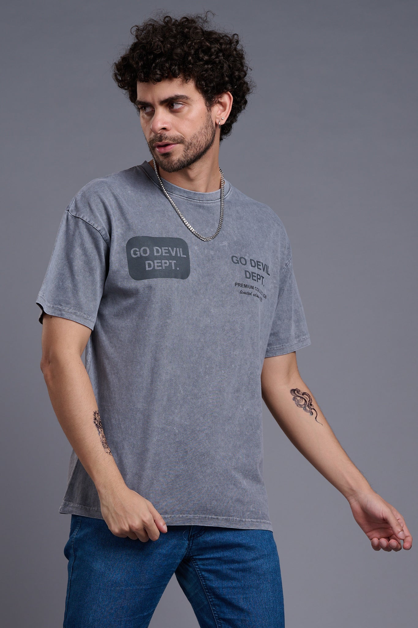 Go Devil Dept (In Black) Printed Grey Oversized T-Shirt for Men