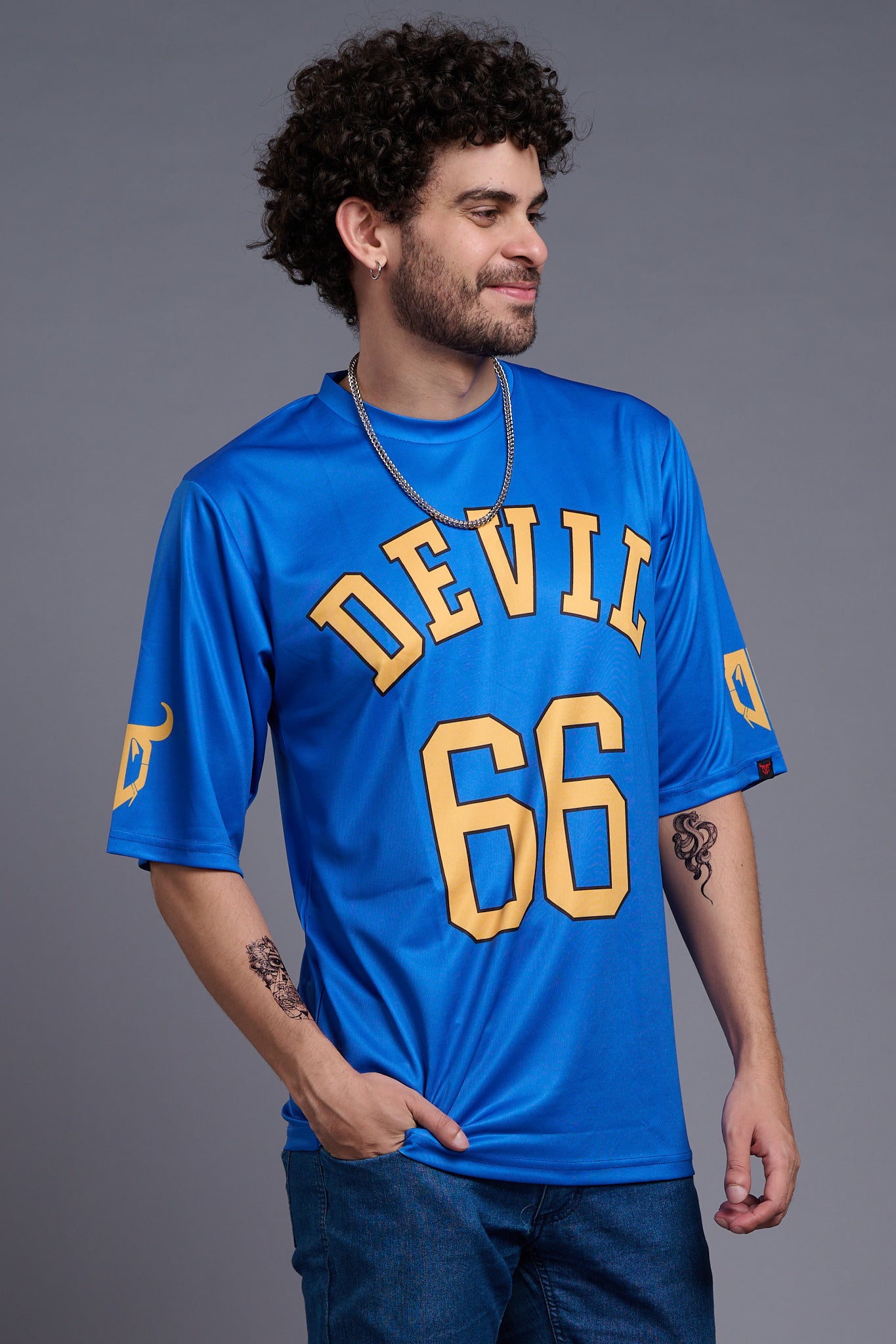 Go Devil 66 (In Yellow) Printed Blue Oversized T-Shirt for Men