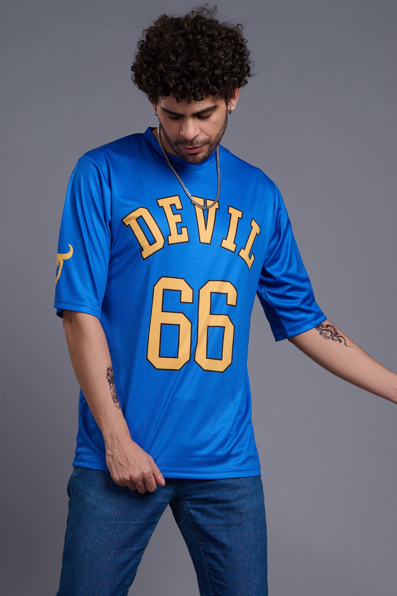 Go Devil 66 (In Yellow) Printed Blue Oversized T-Shirt for Men