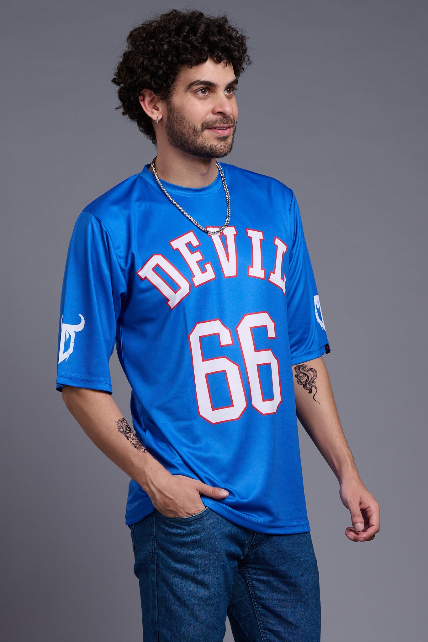 Go Devil 66 (In White) Printed Blue Oversized T-Shirt for Men