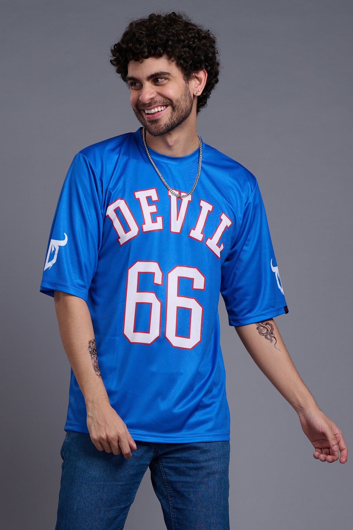 Go Devil 66 (In White) Printed Blue Oversized T-Shirt for Men