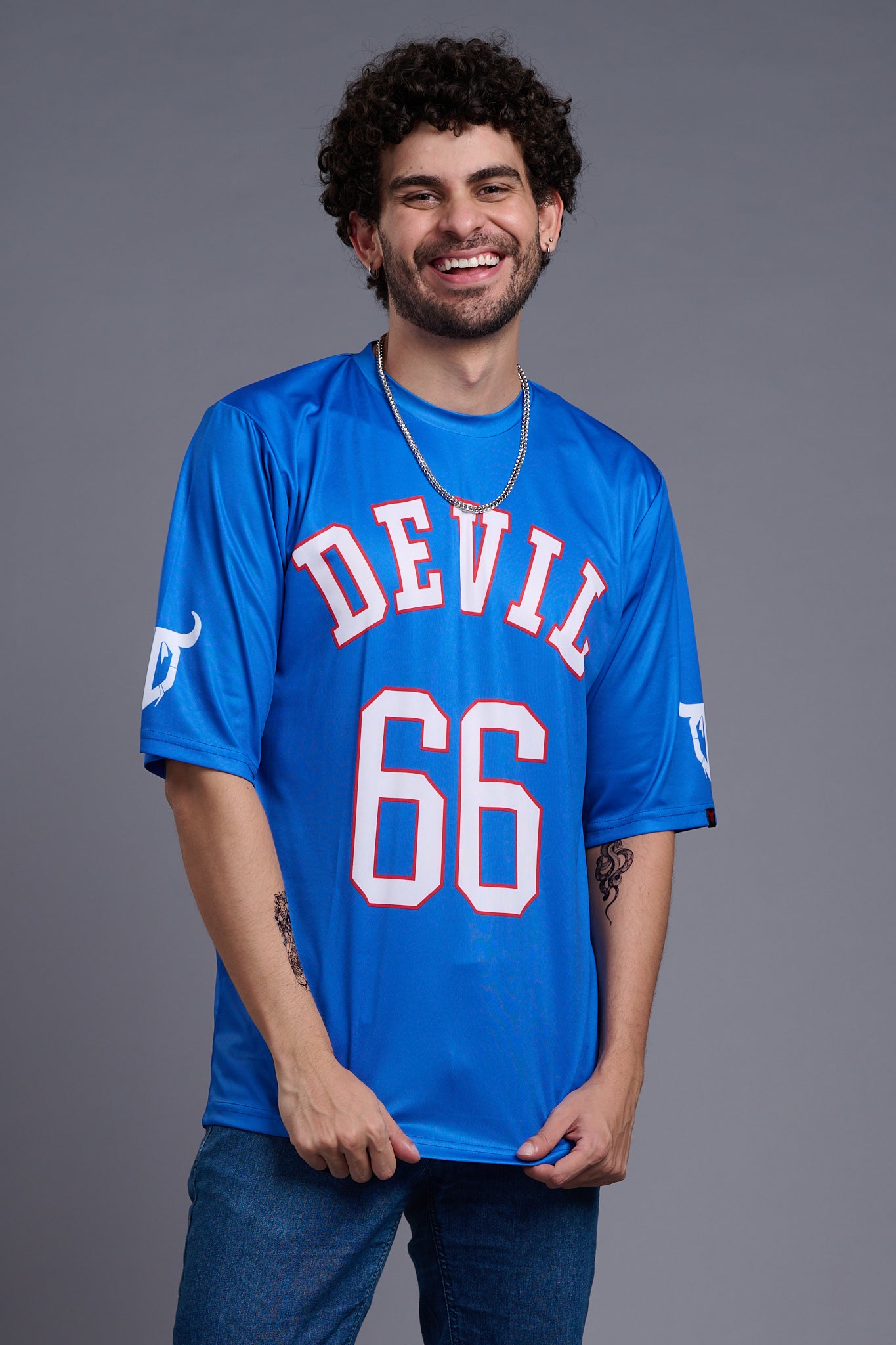 Go Devil 66 (In White) Printed Blue Oversized T-Shirt for Men