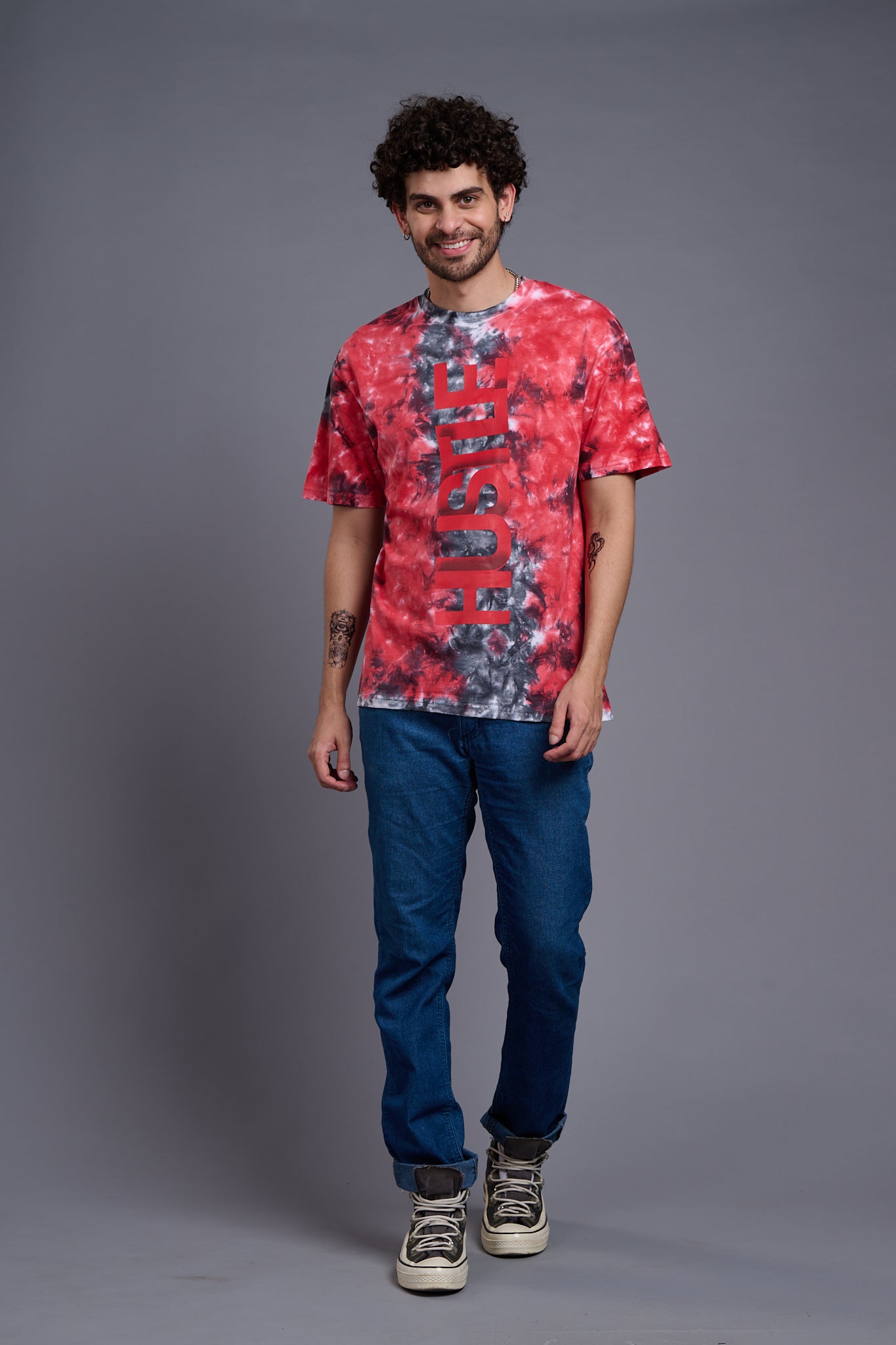 Hustle Printed Tye Die Red & Grey Oversized T-Shirt for Men