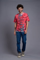 Hustle Printed Tye Die Red & Grey Oversized T-Shirt for Men