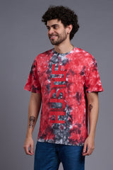 Hustle Printed Tye Die Red & Grey Oversized T-Shirt for Men