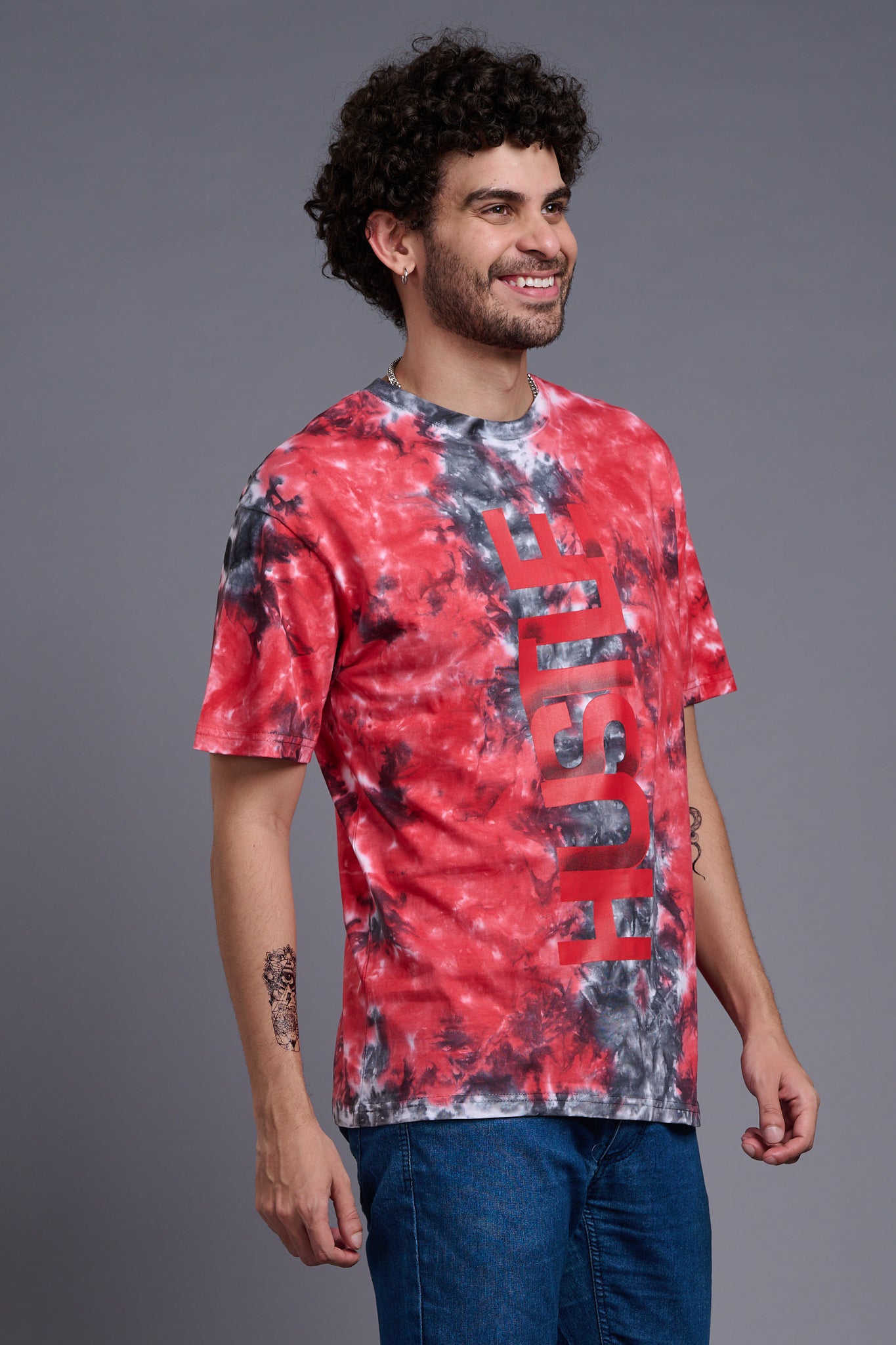 Hustle Printed Tye Die Red & Grey Oversized T-Shirt for Men