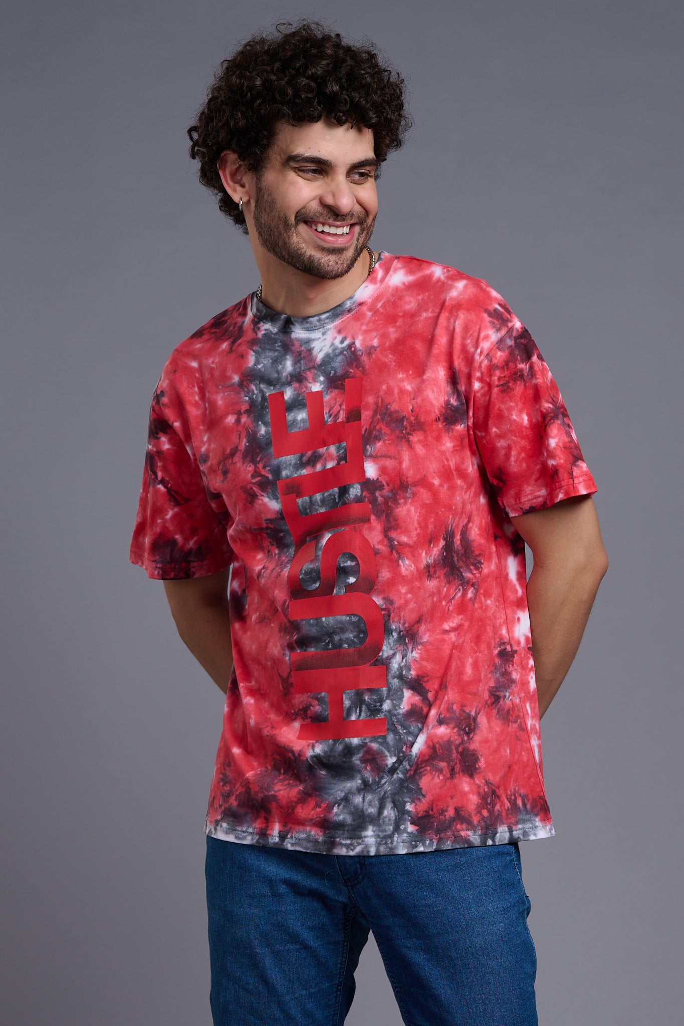 Hustle Printed Tye Die Red & Grey Oversized T-Shirt for Men