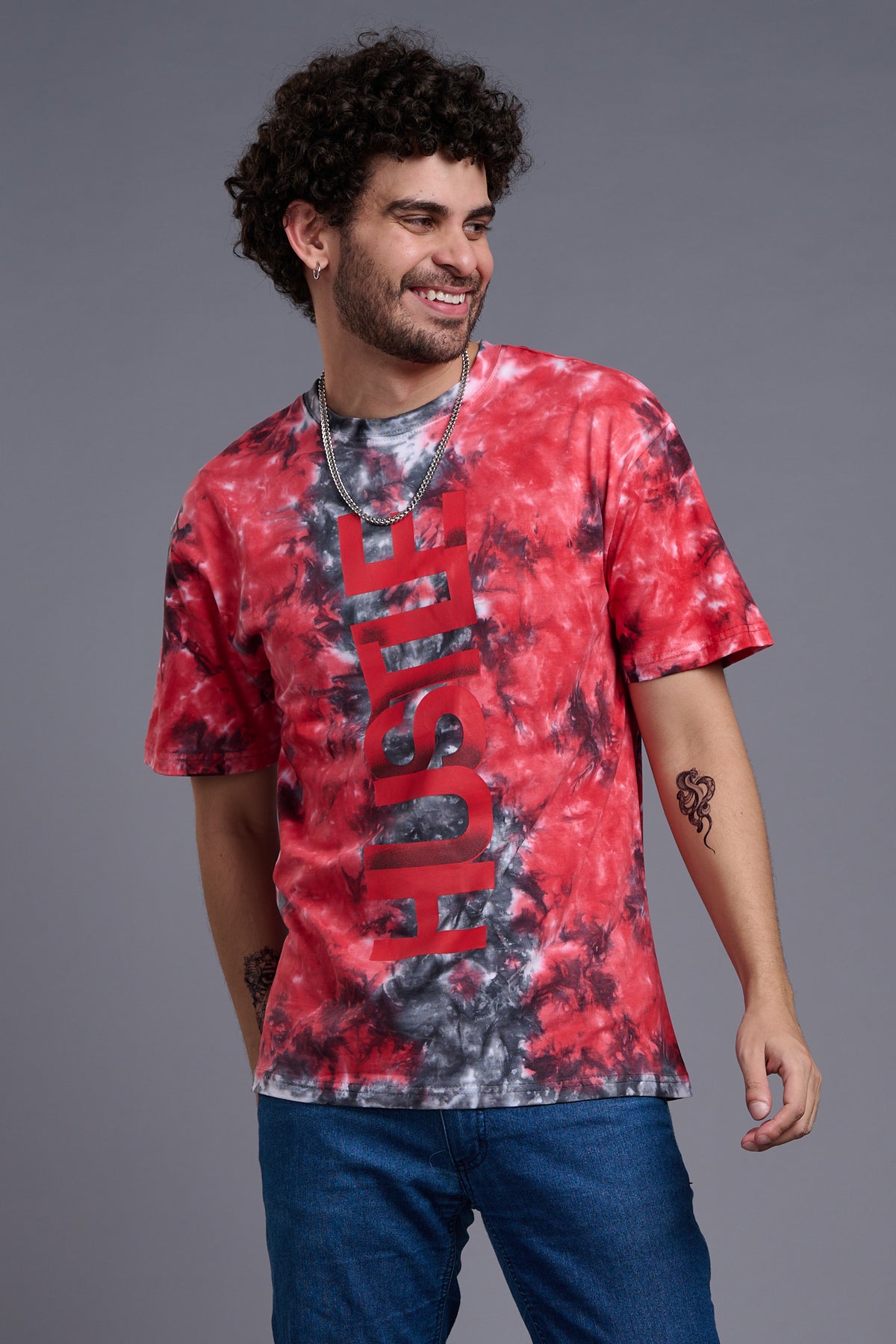 Hustle Printed Tye Die Red & Grey Oversized T-Shirt for Men