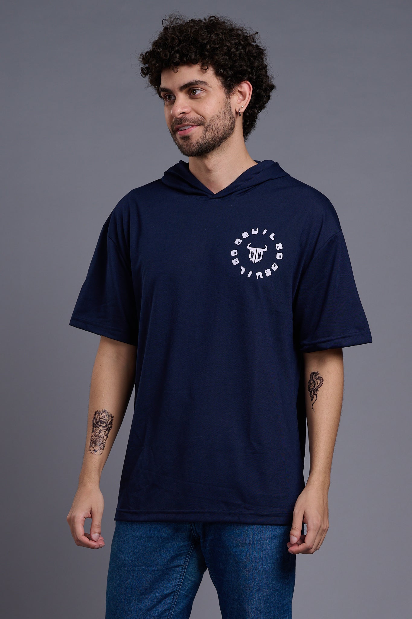 Devil (In White) Printed Navy Blue Oversized Hooded T-Shirt for Men