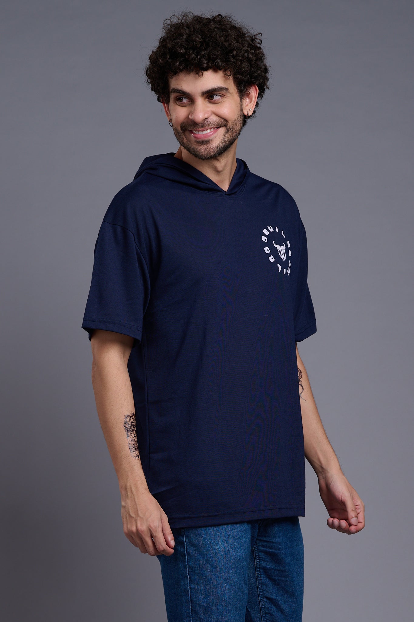 Devil (In White) Printed Navy Blue Oversized Hooded T-Shirt for Men