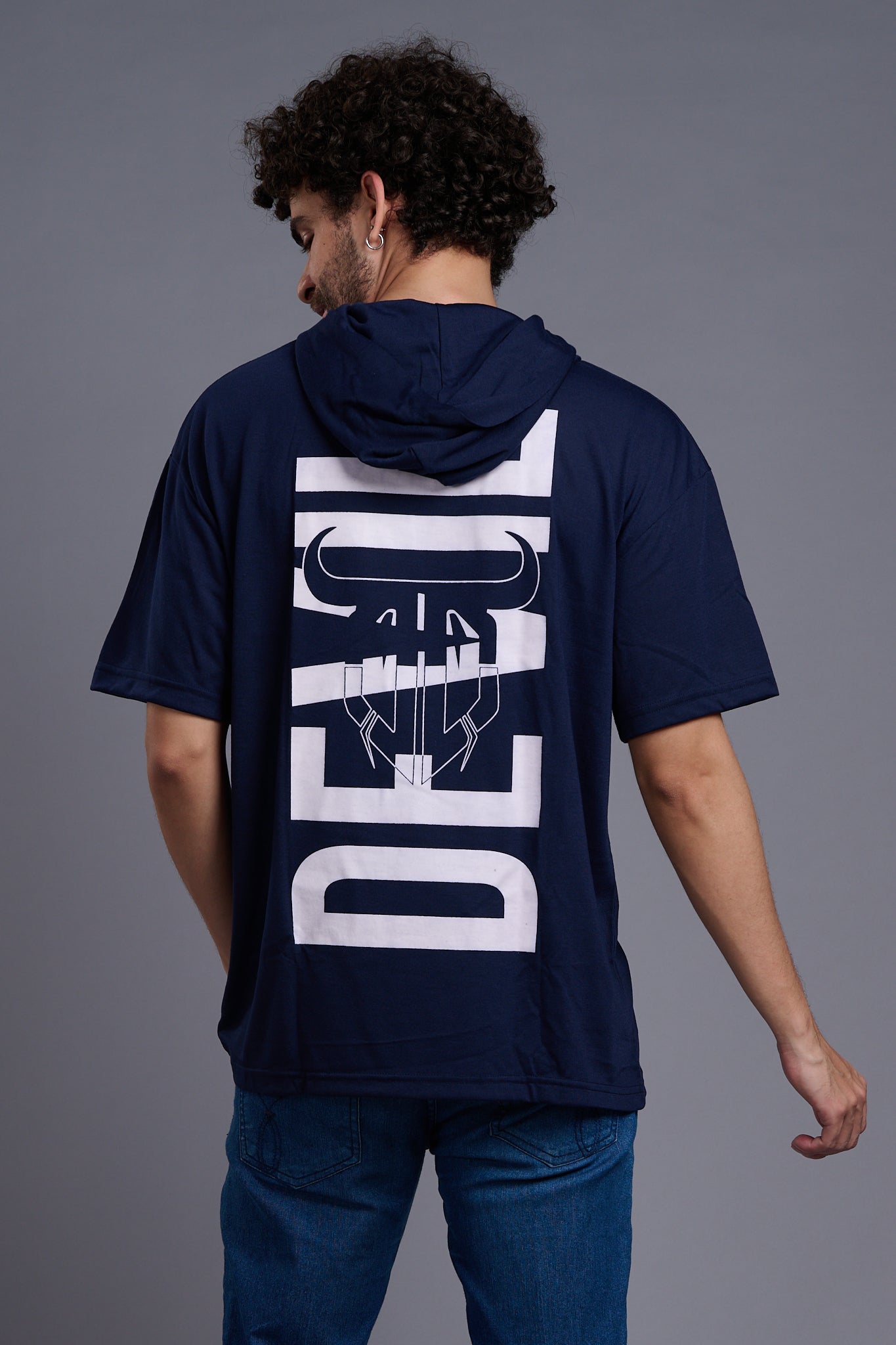 Devil (In White) Printed Navy Blue Oversized Hooded T-Shirt for Men