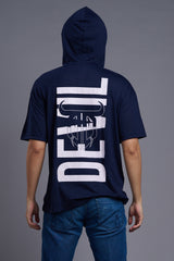 Devil (In White) Printed Navy Blue Oversized Hooded T-Shirt for Men