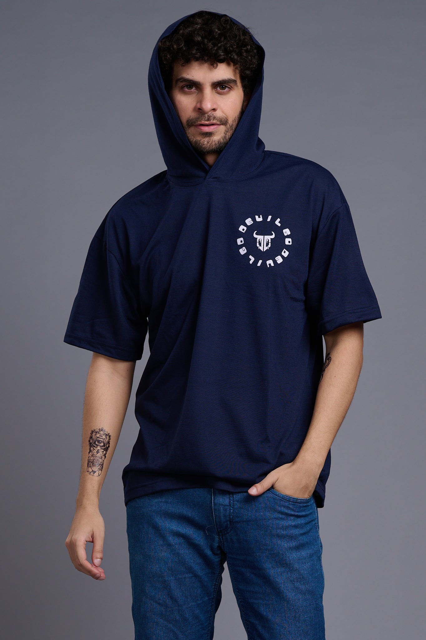 Devil (In White) Printed Navy Blue Oversized Hooded T-Shirt for Men