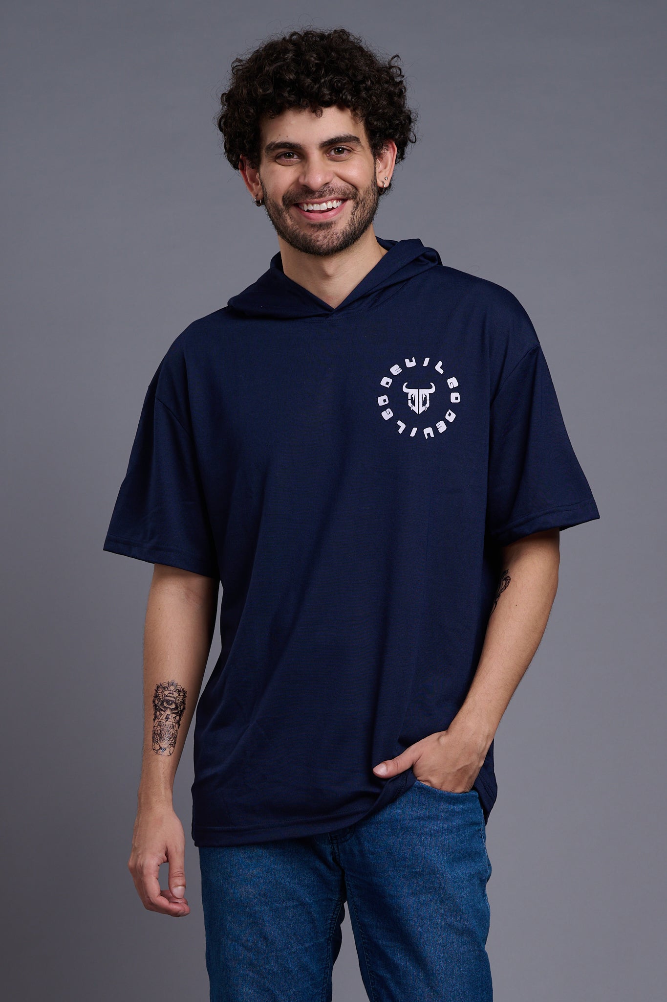 Devil (In White) Printed Navy Blue Oversized Hooded T-Shirt for Men