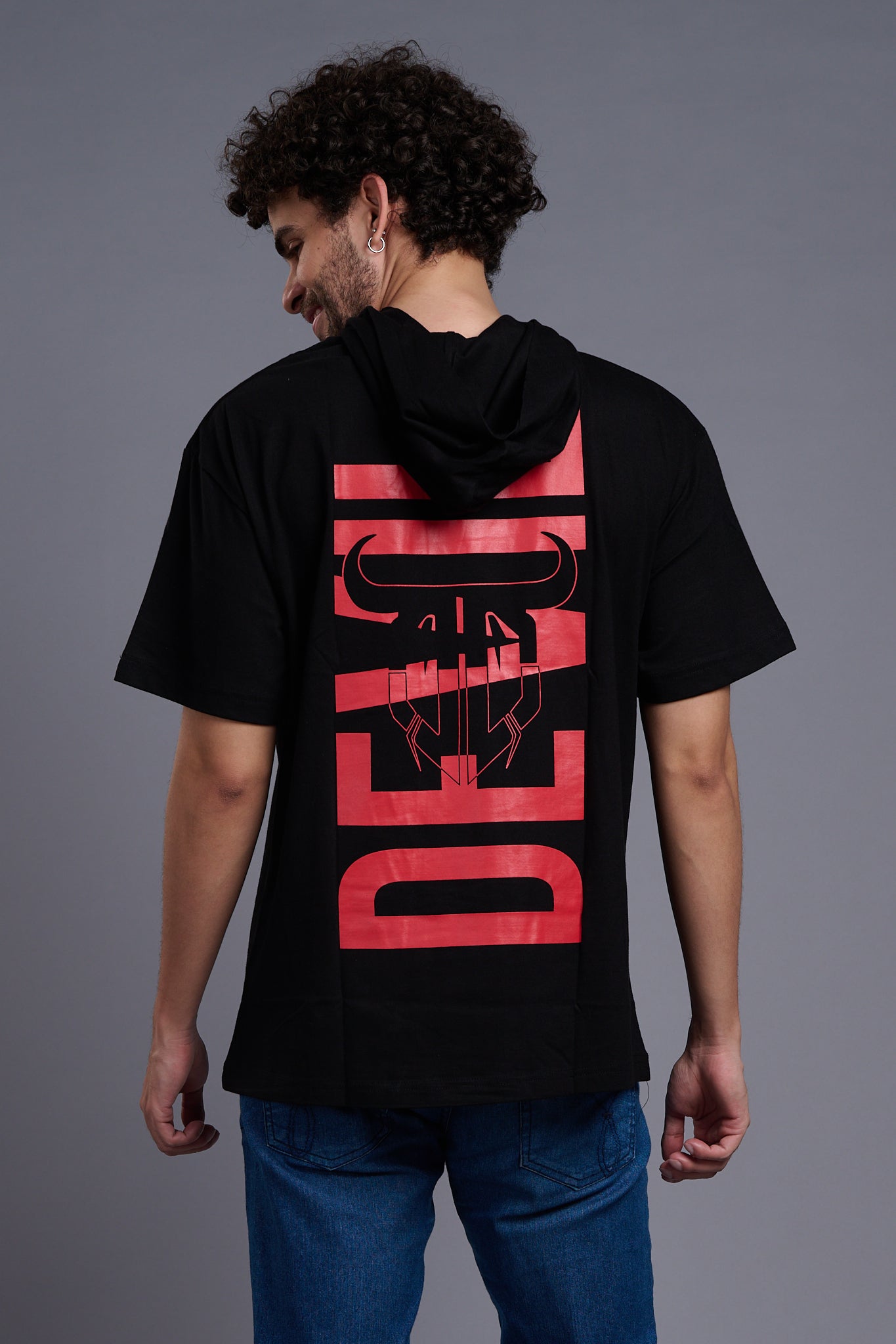 Red Devil Printed Hooded Oversized T-Shirt for Men