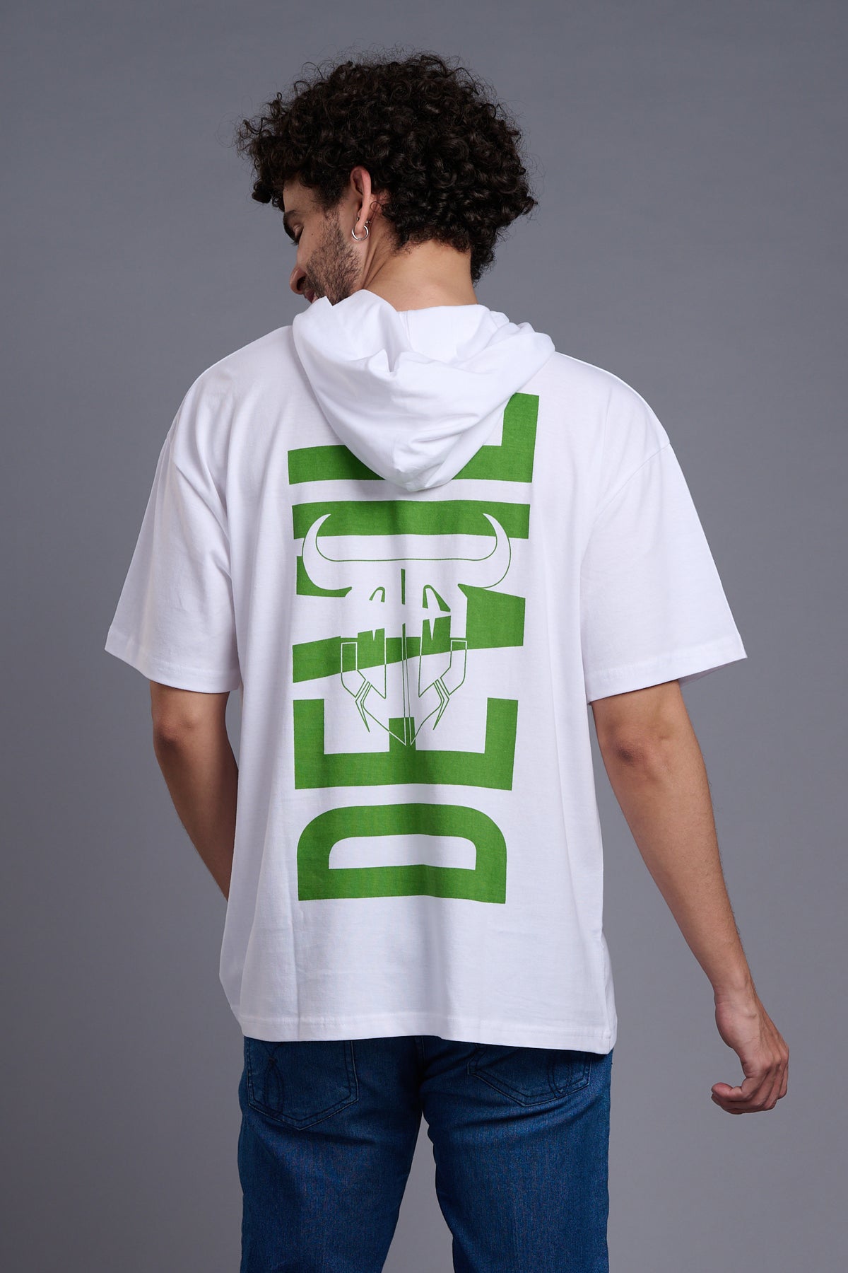 Devil (In Green) Printed White Hooded Oversized T-Shirt for Men