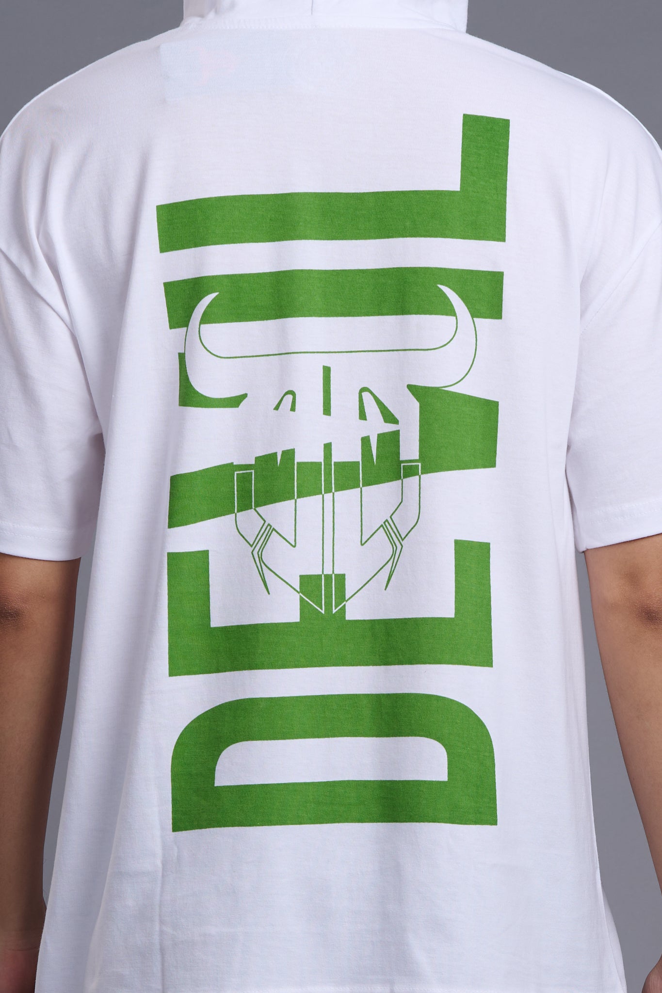 Devil (In Green) Printed White Hooded Oversized T-Shirt for Men